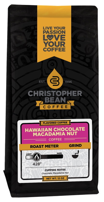 Hawaiian Chocolate Macadamia Nut Flavored Regular Whole Bean Christopher Bean Coffee, 100% Arabica, No Sugar, No Fats, Made With Non-gmo Flavorings, 12 Oz Bag Of Coffee