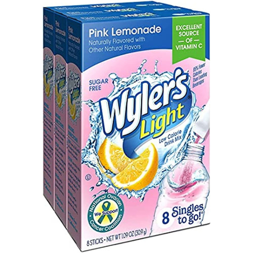Wylers Light Singles To Go Powder Packets, Water Drink Mix, Pink Lemonade, 24 Single Servings (pack Of 3)