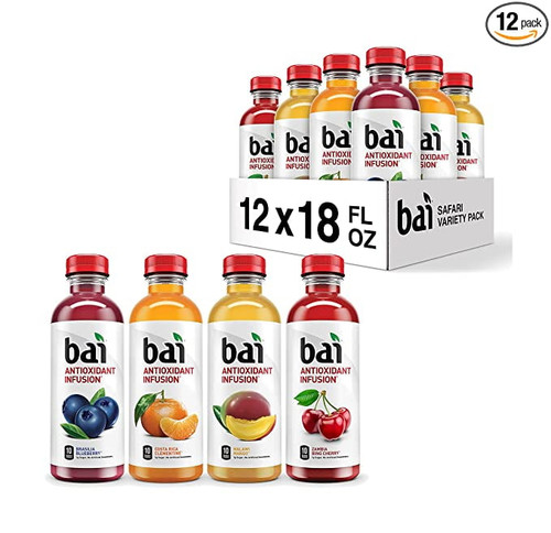 Bai Flavored Water, Safari Variety Pack, Antioxidant Infused Drinks, 18 Fluid Ounce Bottles, 12 Count, 3 Each Of Brasilia Blueberry, Costa Rica Clementine, Malawi Mango, Zambia Bing Cherry