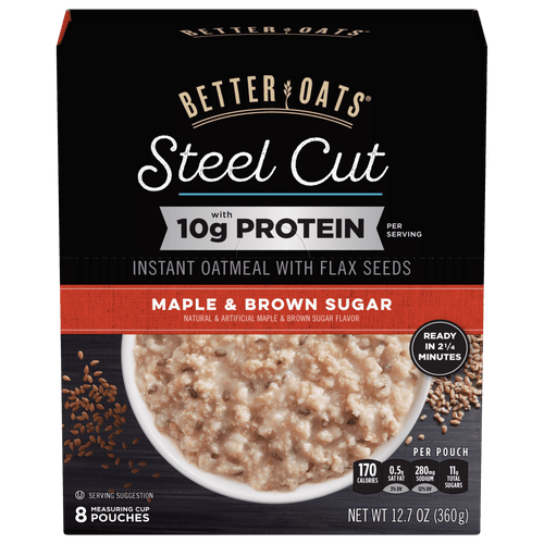 Post Better Oats Steel Cut High Protein Instant Oatmeal With Flax Seeds, Maple And Brown Sugar Flavor, 12.7 Ounce