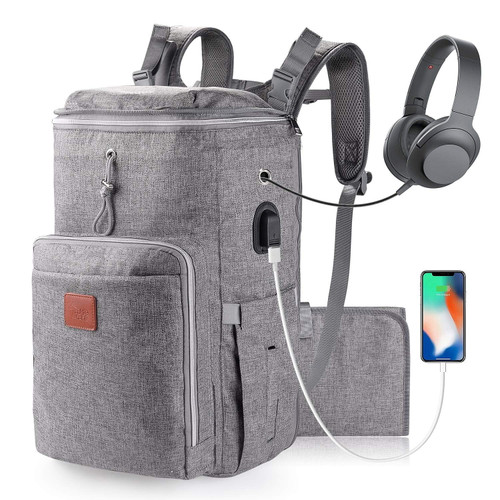Large Diaper Bag Backpack For Twins Or Two Kids, Expandable Grey Baby Diaper Bag For Mom Dad Extra Large Travel Diaper Backpack With Usb Charging Port, Portable Changing Pad, Stroller Straps