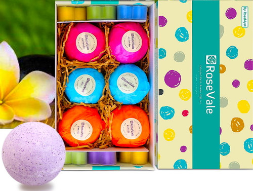 Rosevale Natural Vegan Handmade Assorted Colors Bubble Bath Spa Quality Moisturizing 6 Scented Bath Bombs Fizzies + 6 Heart Shaped Candles Gift Set