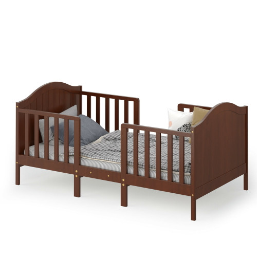 Gymax 2-in-1 Convertible Toddler Bed Kids Wooden Bedroom Furniture W/ Guardrails Brown