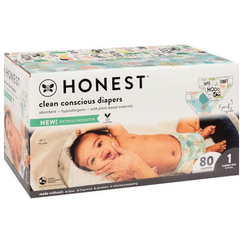 The Honest Company Club Box - Size 1 - Pandas & Safari Print With Trueabsorb Technology | Plant-derived Materials | Hypoallergenic | 80 Count