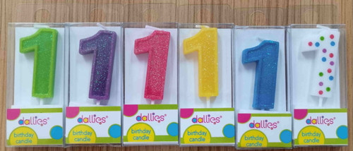 Dallies #1 Birthday Candle W/pick, Assorted Colors With Polka Dots Or Glitter, 1.8 In, 1ct