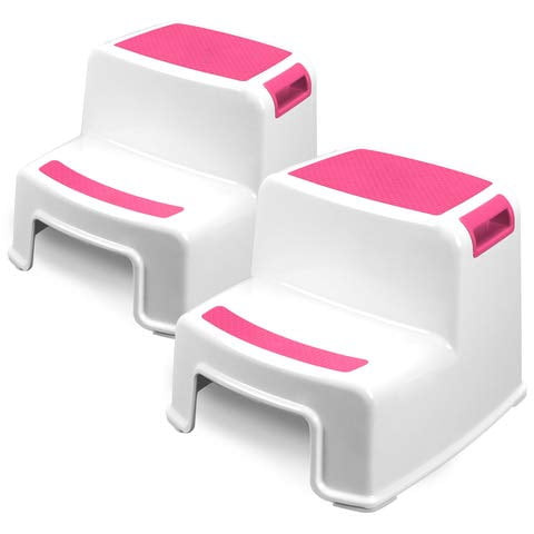 2 Step Stepping Stools For Kids - 2 Pack, Pink| Child, Toddler Safety Steps For Bathroom, Kitchen And Toilet Potty Training| Non Slip Feet & Textured Friction Grip, Easy-grab Handle| Stackable