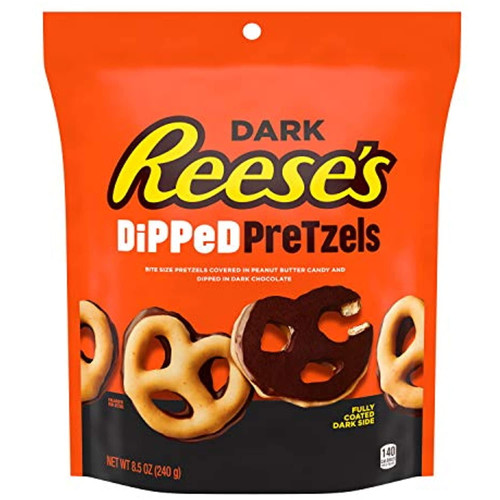 Reeses Dark Chocolate Peanut Butter Dipped Pretzels, Pretzel Snack, 8.5 Oz Pouch