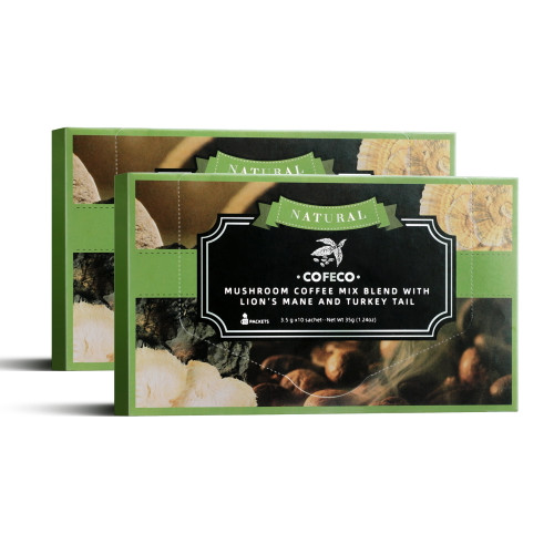 Cofeco Mushroom Instant Coffee Natural And Organic Coffee, Lion's Mane And Turkey Tail, 20 Sachet Pack