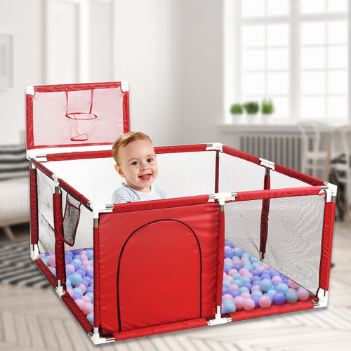Playpen For Baby, Deluxe Extra Large Kids 4-panel Portable Play Yard Indoor And Outdoor, Playpen Fence With ​basket And Breathable Mesh