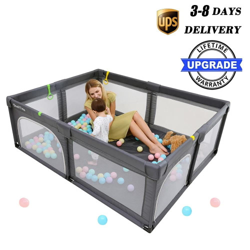 Qualitime Baby Playpen, Large Play Yard For Toddler (dark Gray, 150cmx190cm)