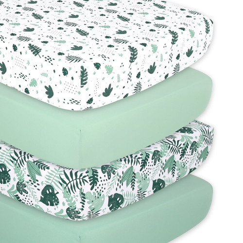 The Peanutshell Fitted Crib Sheets For Boys Or Girls, 4 Pack Set, Green Botanical Leaf