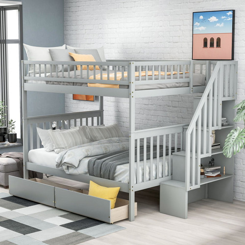 Twin Over Full Bunk Beds Bedroom Furniture With Stairs, Drawers, Storage And Safety Guard Rail, For Kids, Adults, Saving Space, Gray