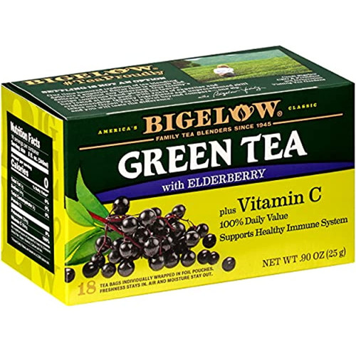 Bigelow Green Tea With Elderberry Plus Vitamin C, Caffeinated, 18 Count (pack Of 6), 108 Total Tea Bags
