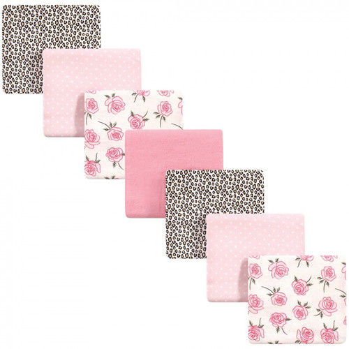 Little Treasure Baby Girl Cotton Flannel Receiving Blankets, Rose Leopard 7-pack, One Size