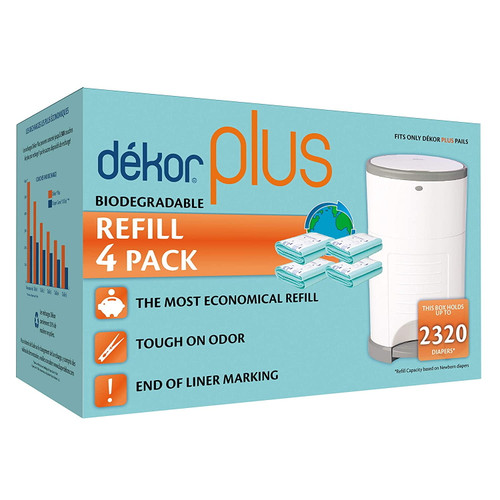 Dekor Plus Diaper Pail Biodegradable Refills | 4 Count | Most Economical Refill System | Quick And Simple To Replace | No Preset Bag Size ? Use Only What You Need | Exclusive End-of-liner Marking