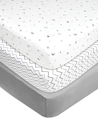 American Baby Company 3 Pack Printed 100% Natural Cotton Jersey Knit Fitted Pack N Play Playard Sheet, Grey Star/zigzag, Soft Breathable, For Boys And Girls