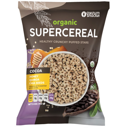 Awsum Snacks Organic Quinoa With Chia Seeds, Cocoa & Honey - Healthy Breakfast Cereal - Sugar Free, Vegan Diabetic Snacks - 5 Oz