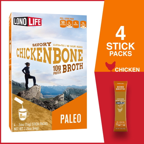 Lonolife Chicken Bone Broth Powder With 10g Protein, Paleo And Keto Friendly, Stick Packs, 4 Ct