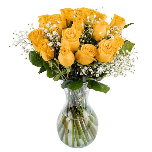 18 Fresh-cut Yellow Roses With Baby's Breath By Arabella Bouquets In A Free Elegant Hand-blown Glass Vase (fresh-cut Flowers, Yellow)