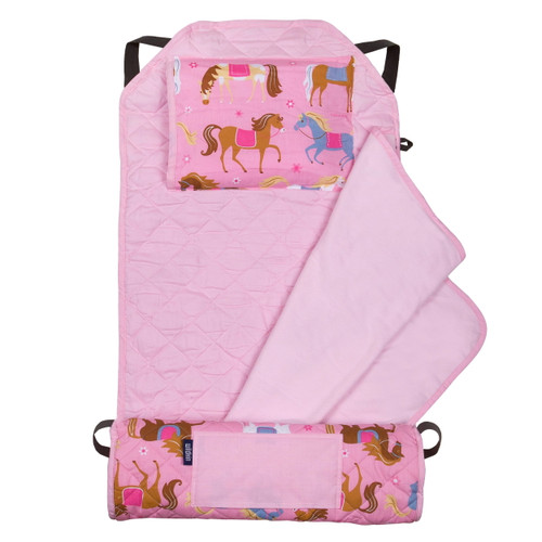 Wildkin Modern Nap Mat With Elastic Corner Straps For Toddler Boys And Girls, Daycare And Preschool (horses Pink)