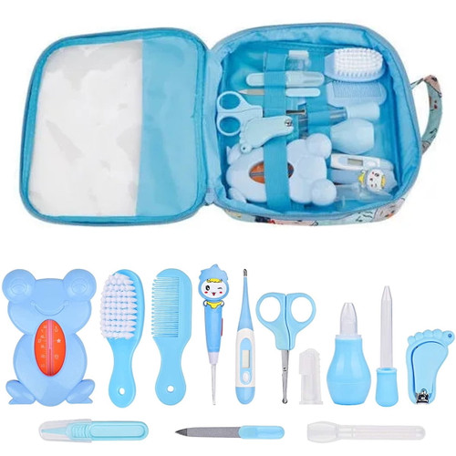13pcs Baby Health Care Kit Newborn Kid Care Baby Hygiene Kit Grooming Set Thermometer Clipper Scissor Kid Toiletries Nasal Aspirator Medicine Feeder For Baby (blue)