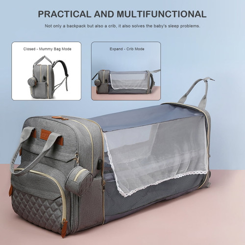 Diaper Bag Backpack, Maternity Baby Nappy Changing Bag With Changing Pad, Foldable Mommy Bag With 2 Compartments & 12 Storage Pockets, Aluminum Insulation, Usb Charging Port, Bed Net