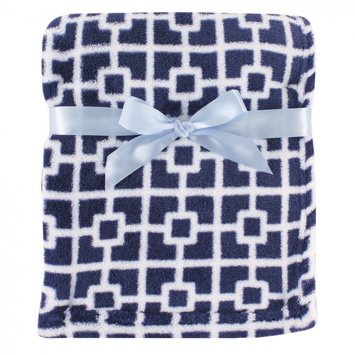 Luvable Friends Baby Boy Coral Fleece Blanket, Navy Trellis, One Size
