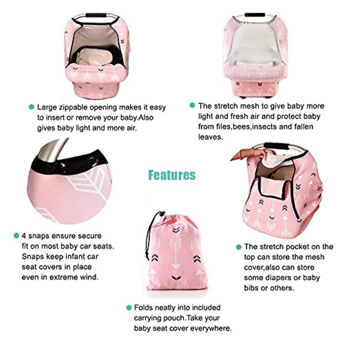 Baby Car Seat Covers-amazlinen Multifunctional Infant Carseat Canopy For Boys Girls,stretchy Breathable Adjustable Peep Window Universal Fit Pink"baby Arrow"