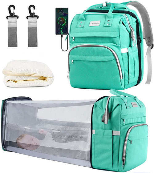 6 In 1 Diaper Bag Backpack With Changing Station, Baby Nappy Changing Bags Backpack Portable Foldable Baby Bed For Toddler, Green