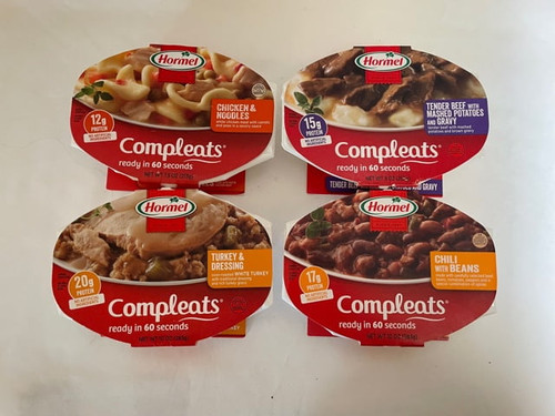 Hormel Compleats 4 Pack Variety: Chicken And Noodle's, Turkey And Dressing, Chili With Beans, Tender Beef