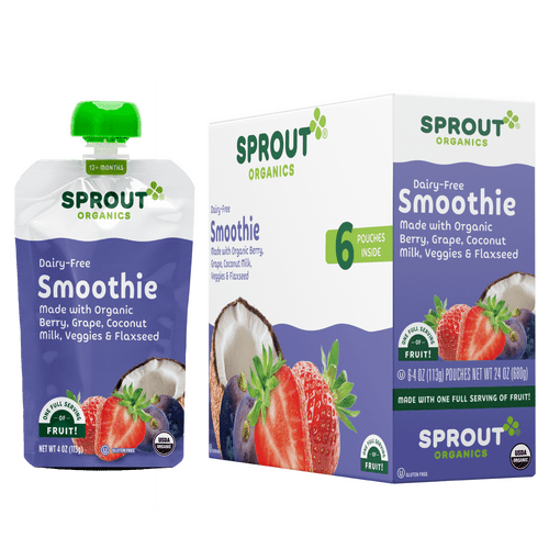 Sprout Organic Toddler Food, Berry Grape Smoothie With Coconut Milk Veggies & Flax Seeds, 4 Oz Pouch, 6 Pack