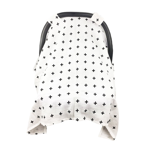 Car Seat Canopy Cover, Nursing Cover Up, 100% Cotton Muslin, Lightweight And Breathable, Fits Most Car Seats, 44.88*35.43inch, Black+white