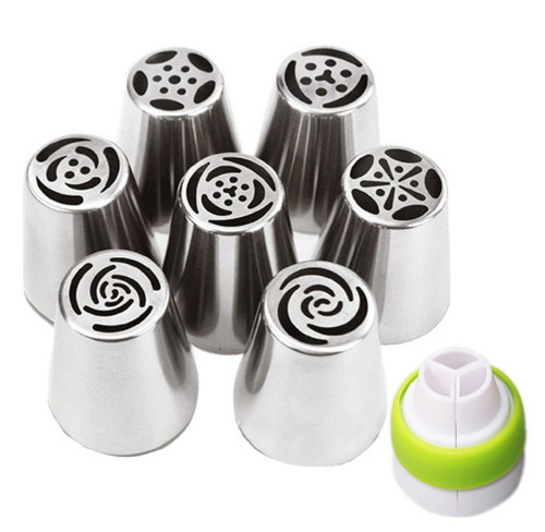7pcs Russian Tips + 1 Coupler Icing Piping Nozzles Cake Decoration Tips Tulip Rose Nozzle Tip Large Size