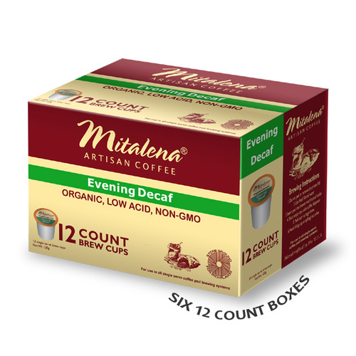 Mitalena Brand - 72 Ct. Evening Decaf Organic Arabica Low Acid Coffee Single Serve Brew Cups