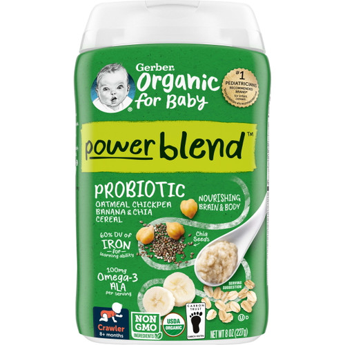 Gerber Organic For Baby Powerblend 3rd Foods Probiotic Oatmeal Baby Cereal, Chickpea Banana Chia, 8 Oz Canister