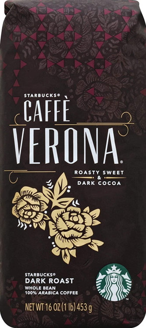 Starbucks | Caffe Verona - Whole Bean Coffee, Dark Roast, 100% Arabica Coffee, Roasty Sweet & Dark Cocoa Hints, Resealable Bag | 16 Oz (1 Lb)