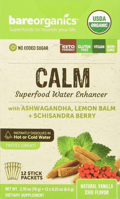 Bareorganics Calm Blend Superfood Water Enhancer 12 Stick Packets 2.75 Oz