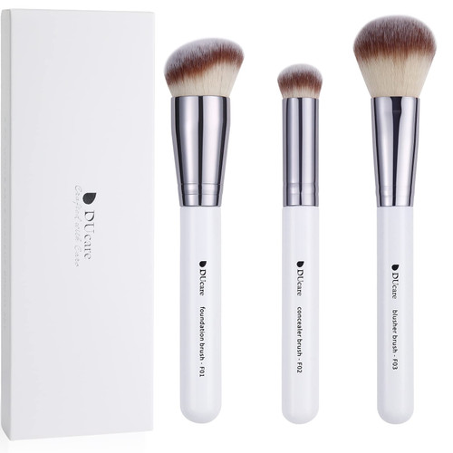 Ducare Makeup Brushes 3pcs Foundation Contour Brush & Concealer Brush & Blusher Brush Face Kabuki Blush Bronzer Travel Buffing Stippling Contour Liquid Blending Makeup Brush Set White