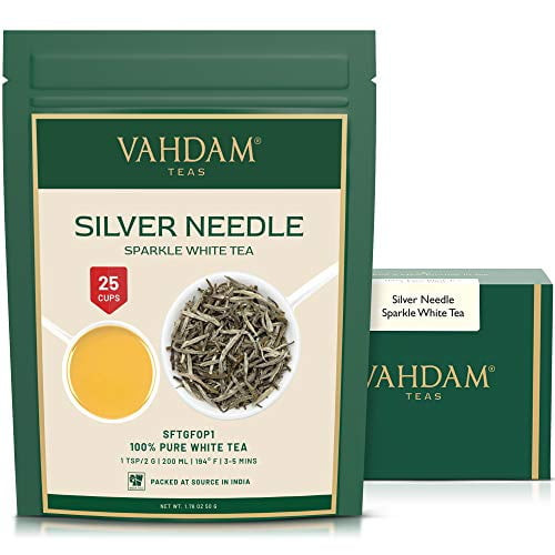 Vahdam, Silver Pine Needle White Tea Loose Leaf (25 Cups) | Healthiest Tea, 100% Natural White Tea Leaves | Powerful Anti-oxidants, Caffeine Free | Brew As Hot Tea, Iced Tea Or Kombucha Tea