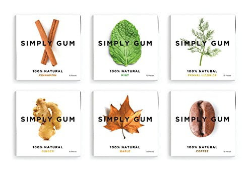 Simply Gum, Assorted Natural Chewing Gum, Non Gmo, Vegan, 6 Packs (90 Pieces) - Includes Mint, Cinnamon, Ginger, Fennel, Coffee, Maple