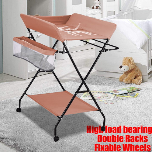 Portable Baby Changing Table Foldable Changing Table Dresser Changing Station For Infant Waterproof Diaper Changing Table Pad Topper Mobile Nursery Organizer For Newborn With 2 Storage Rack,khaki