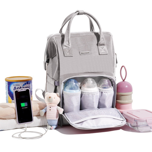 Sunveno Corduroy Diaper Bag Backpack, Large Capacity Tote Shoulder Nappy Bag Organizer For Baby Care With Insulated Pockets, Waterproof Fabric, Grey