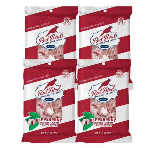 Red Bird Soft Peppermint Candy Puffs 4oz Pack | Gluten-free And Kosher-free Made With 100% Pure Cane Sugar, Mouthwatering Minty Candies Great For Halloween Christmas Stockings & Candy Bowl 4 Pack