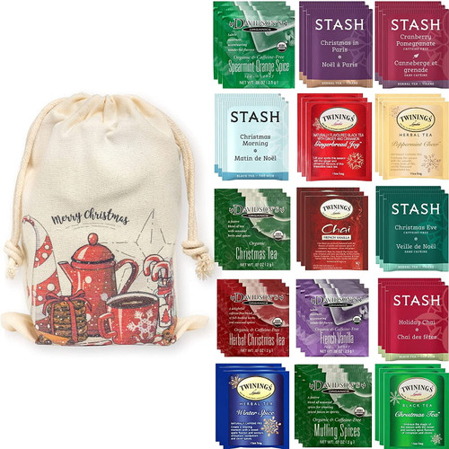 Holiday Tea Sampler, Seasonal Collection - Twinings, Stash, Davidsons - 45 Ct, 15 Flavors