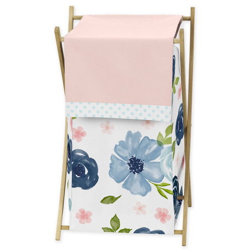 Navy Blue Blush Pink Watercolor Floral Laundry Hamper By Sweet Jojo Designs
