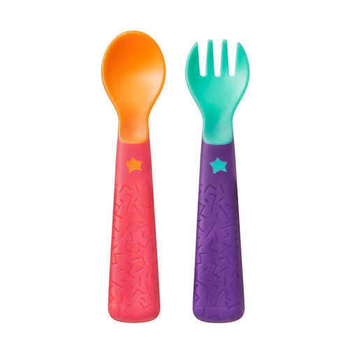 Tommee Tippee easigrip Self Feeding Fork & Spoon, Bacshield Antimicrobial Technology | Bpa-free, Chunky Handles (6+ Months)