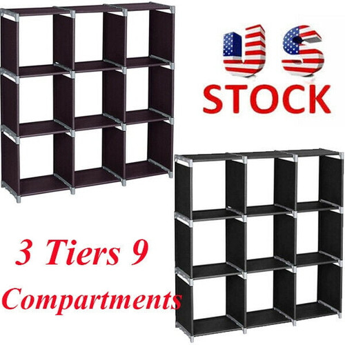 Multifunctional Assembled 3 Tiers 9 Compartments Storage Shelf Black Bedroom Storage Shelves