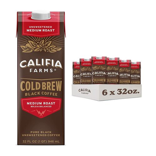Califia Farms - Pure Black Medium Roast Cold Brew Coffee, 32 Oz (pack Of 6), 100% Arabica, Shelf Stable, Plant Based, Vegan, Gluten Free, Non Gmo, Sugar Free, Iced Coffee