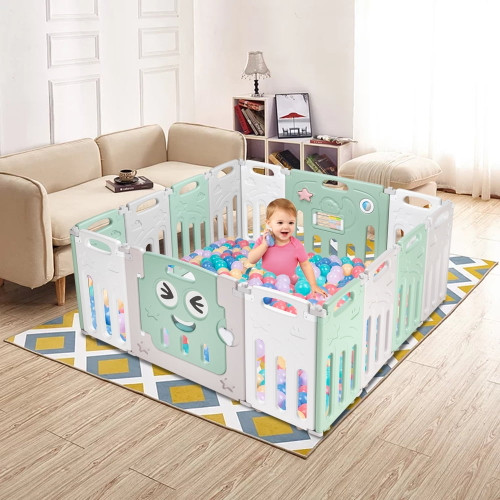 Fordable Baby Playpen, 14-panel Foldable Kids Safety Activity Center Playard W/locking Gate, Adjustable Shape, Portable Design For Indoor Outdoor Use (green&white&gray,14-panel)