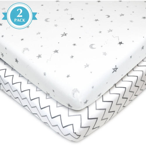 American Baby Co. Cotton Jersey Knit Fitted Mini Crib Sheet, White Stars/zigzag 2pk
